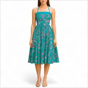 Laura Ashley Vintage Turquoise Pink Floral Halter Button Front Dress 14 = 4 / 6